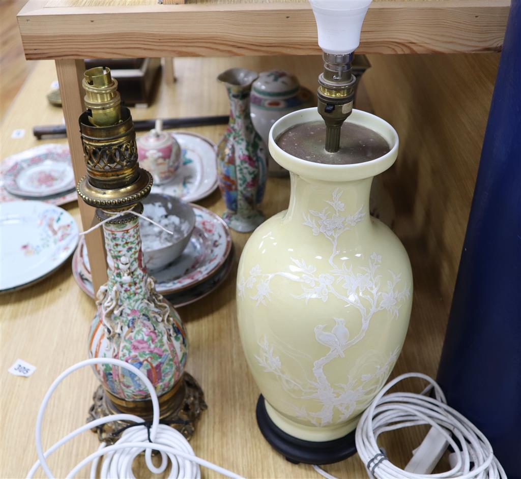 A Chinese cream glazed and white enamelled baluster vase, 36cm and a Canton enamelled vase, both converted to lamps, latter repairs